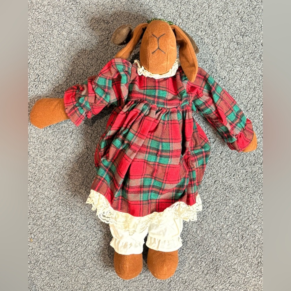 Vintage Christmas Moose Plush Plaid Red Green Dress 18.5”